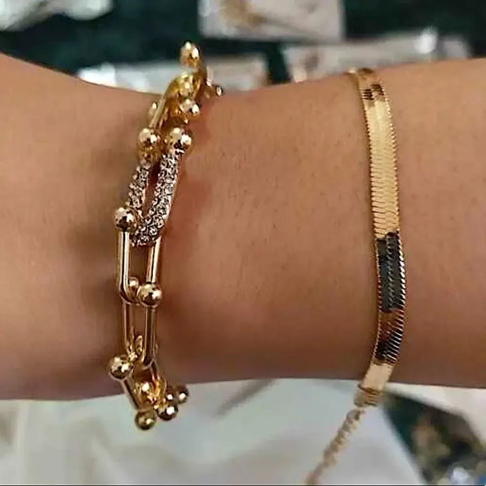 GOLD RHINESTONE U LINK BRACELET 2 PIECE BRACELET SET